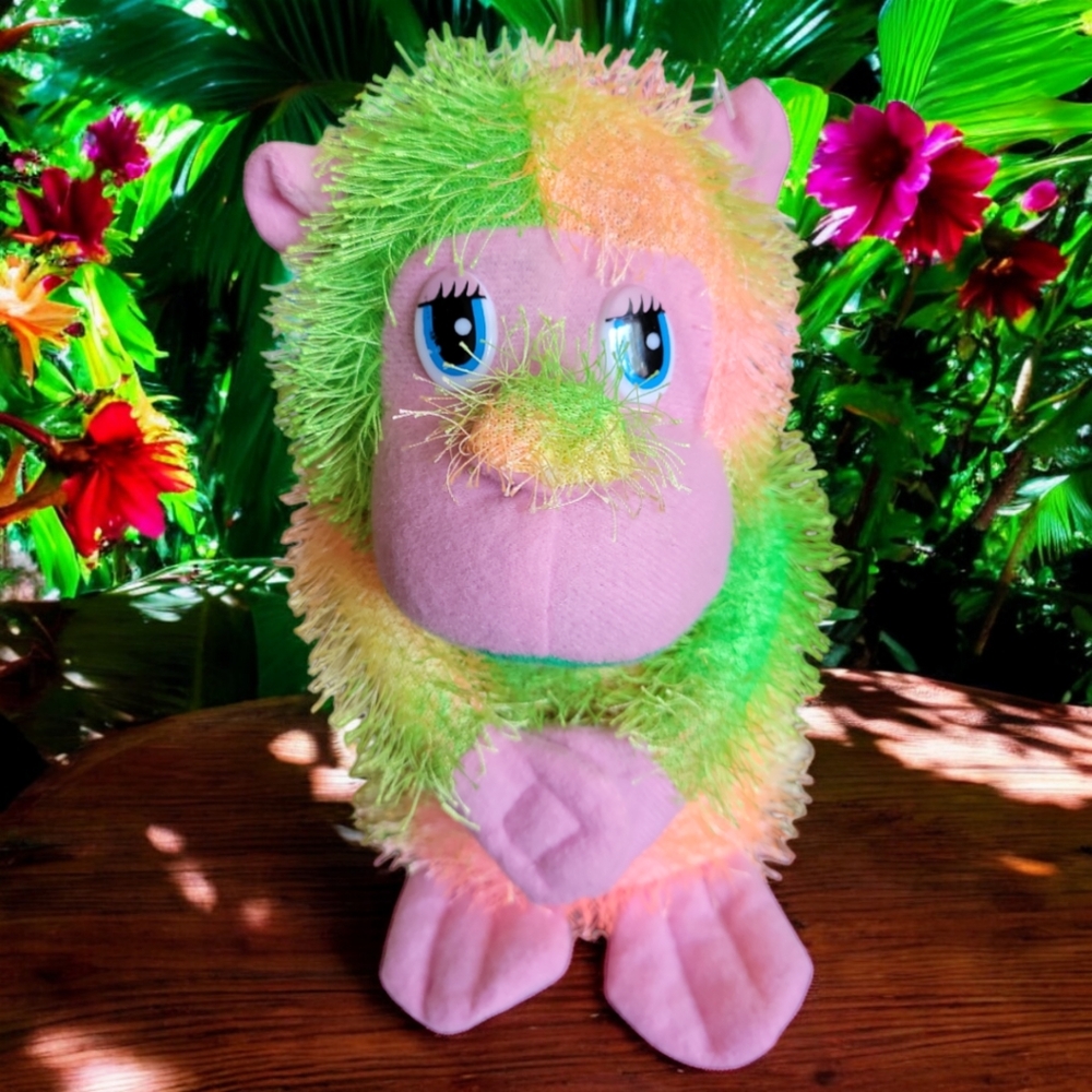 Vtg 04 FOURSTAR PALS Plush Monkey Pink Green Stuffed Animal Toy Hook/Loops  Hand